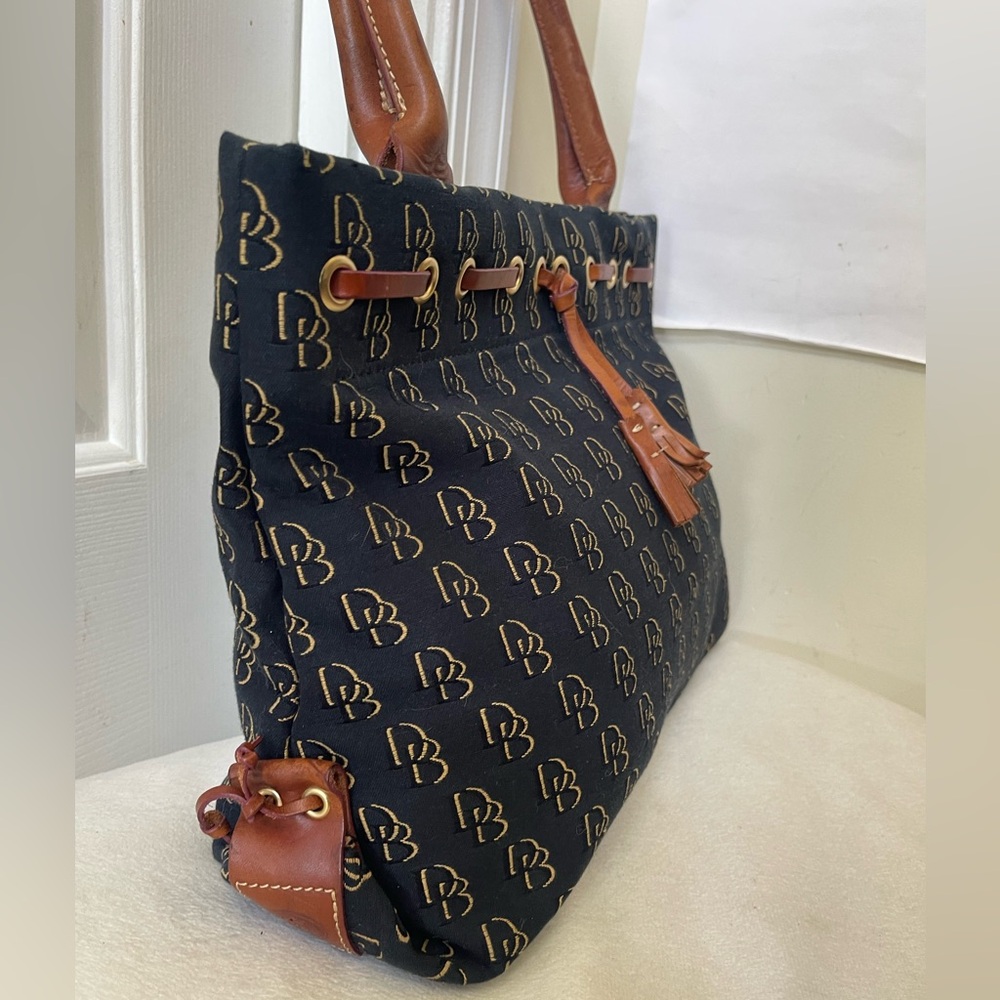 Dooney & Bourke Blue Monogram Tote with Brown Leather Trim - Picture 2 of 13